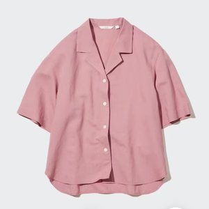 Uniqlo Linen-Blend Open Collar Short-Sleeve Shirt in Pink Sz S